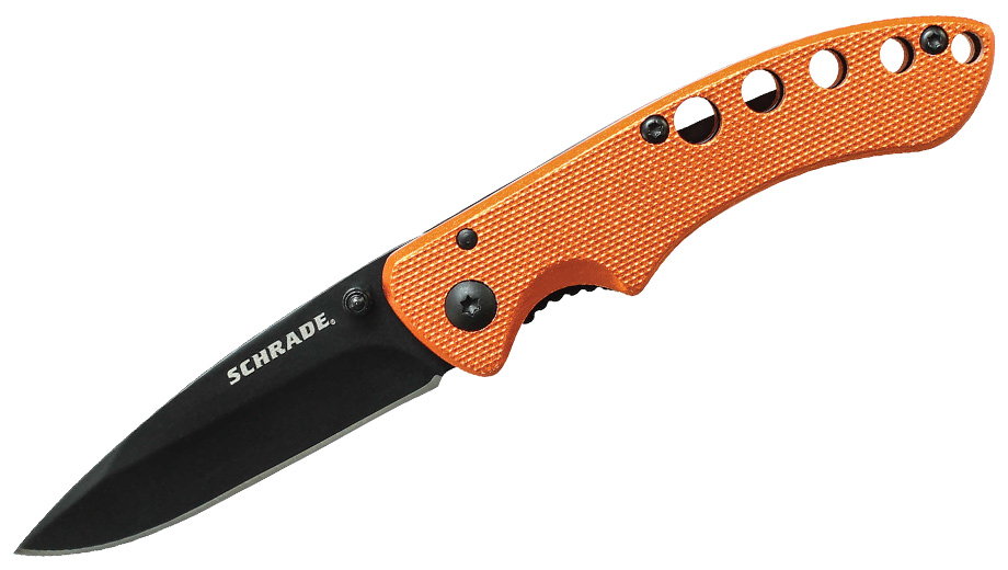 Schrade Aluminum Folder, Holes In Black Handle, 8Cr13MoV Steel Schrade Aluminum Folder, Holes In Black Handle, 8Cr13MoV Steel