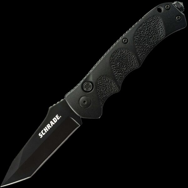 Schrade Black Tanto 4116 Steel, Push Button Lock, Safety On Back Of Handle