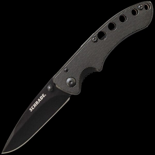 Schrade Aluminum Folder, Holes In Black Handle, 8Cr13MoV Steel