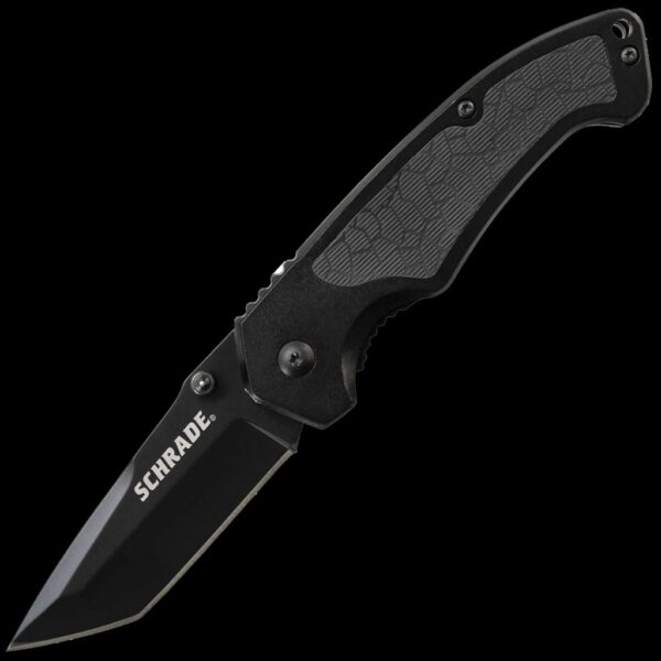 Schrade Tanto 8Cr13MoV High Carbon Stainless Steel Blade. Aluminum Handle w/Rubber Insert. Liner Lock.