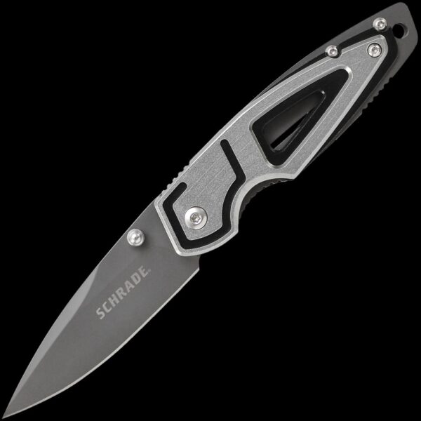 Schrade 8Cr13MoV Grey Ti Coated Small Clip Folder, Liner Lock, w/Thumb Knobs, Grey Aluminum Handle