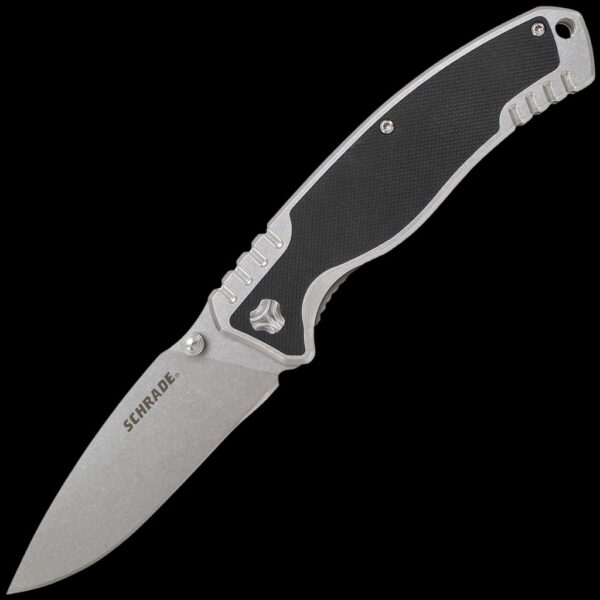 Schrade 9Cr18MoV Stone Washed Blade, Steel Handle, G10 Inserts, RBM Tech, Thumb Stud, Index Flipper, Liner Lock