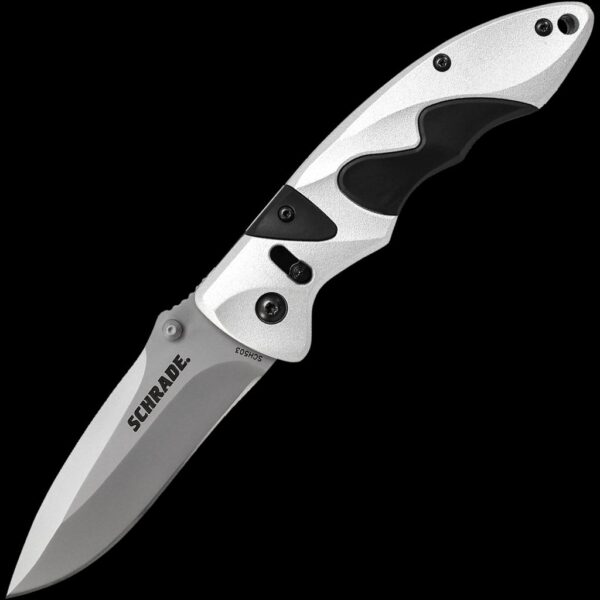 Schrade Bead Blast AUS-8 Blade, Silver Aluminum Handle w/Black Inserts, Thumb Studs, Sure-Lock