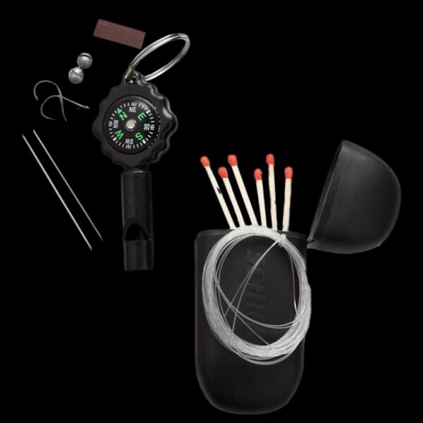 Schrade Survival Kit, Whistle W/Compass, 2 Fishing Hooks, 2 Split Shots, 6 Matches, 1 Match Strike