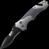 M&P Military & Police Plunge Lock Folder 9Cr18MoV High Carbon Steel Titanium Coated w/40% Serrated Drop Point Blade w/Ambidextrous Thumb Knobs. Aluminum & Rubber Handle w/Glass Break, Strap Cutter and Pocket Clip