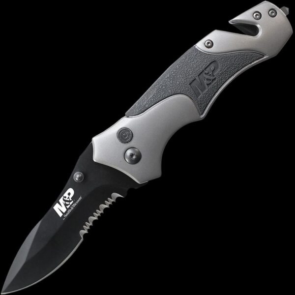 M&P Military & Police Plunge Lock Folder 9Cr18MoV High Carbon Steel Titanium Coated w/40% Serrated Drop Point Blade w/Ambidextrous Thumb Knobs. Aluminum & Rubber Handle w/Glass Break, Strap Cutter and Pocket Clip