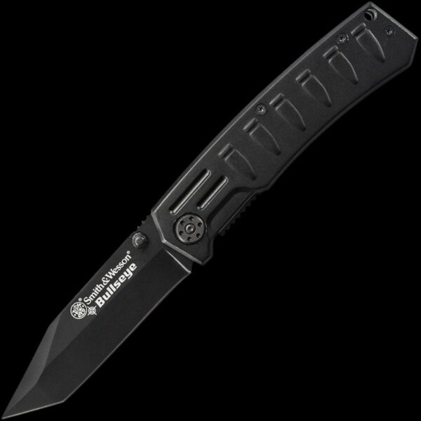 Smith & Wesson Bullseye Linerlock Black Coated Stainless Steel Tanto Blade w/Thumb Knob & Black Aluminum Handle w/Bullets Design & Pocket Clip.