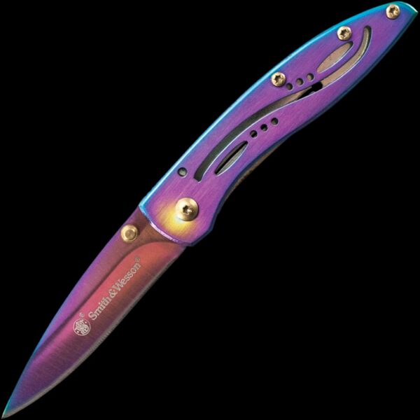 Smith & Wesson 3" Plain Reflective Blade, Stainless Steel Reflective Rainbow Handle