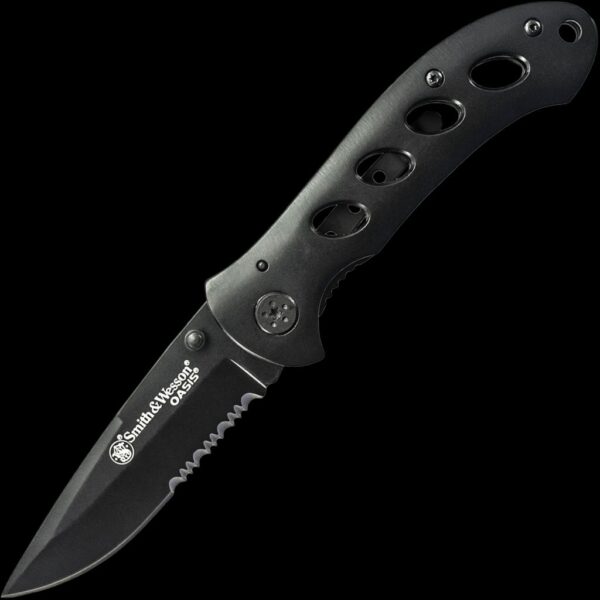 Smith & Wesson Oasis/Black Titanium Coated w/40% Serrated Drop Point Blade w/Pocket Clip