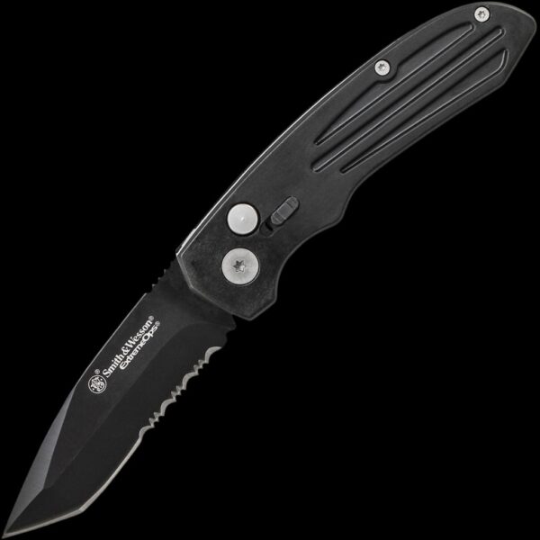 Smith & Wesson Extreme Ops Push Button Lock Black 40% Serrated Tanto Blade