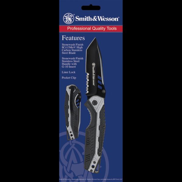 Smith & Wesson Liner Lock, 8Cr13MoV Tanto Blade, Thumb Knobs, Aluminum/Rubber Handle - Image 3