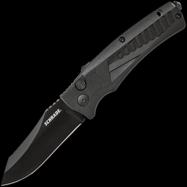 Schrade Black Clip Point Blade, AUS-8 Steel, Push Button Lock, Aluminum Handle w/Glass Breaker