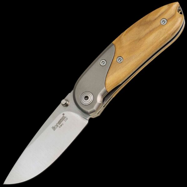 lionSTEEL MINI Olive wood handle and titanium Bolster, D2 blade, with clip