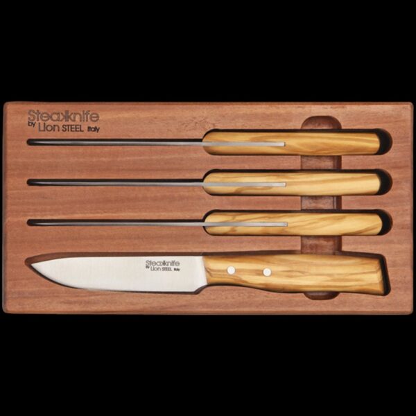lionSTEEL BOX with four steak knife, Olive wood handle