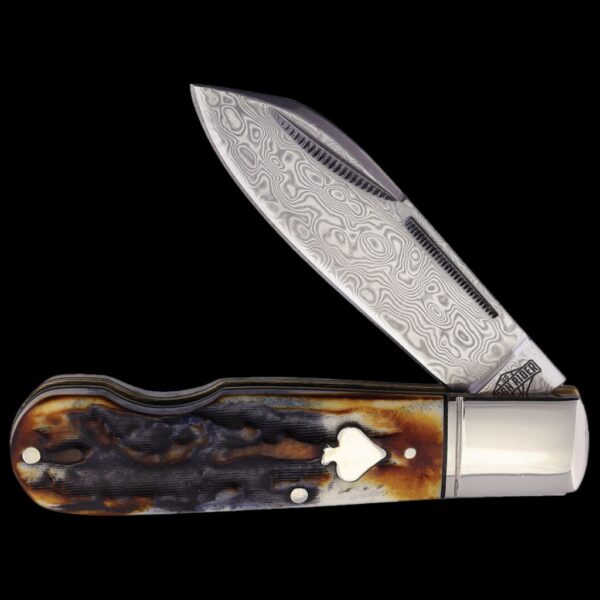 Rough Ryder Spades Shield Cinnamon Bone Damascus EZ Open Jack