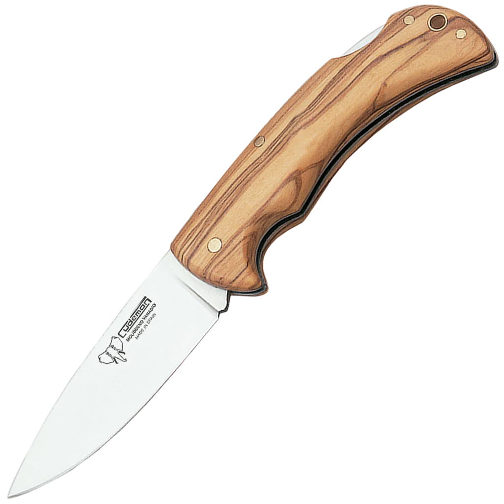 Cudeman Olive Wood Back Lock Folder with Leather Pouch