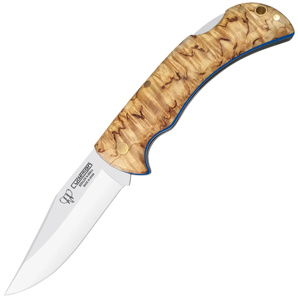 Cudeman 3.74" Clip Point Curly Birch Folder with Leather Pouch