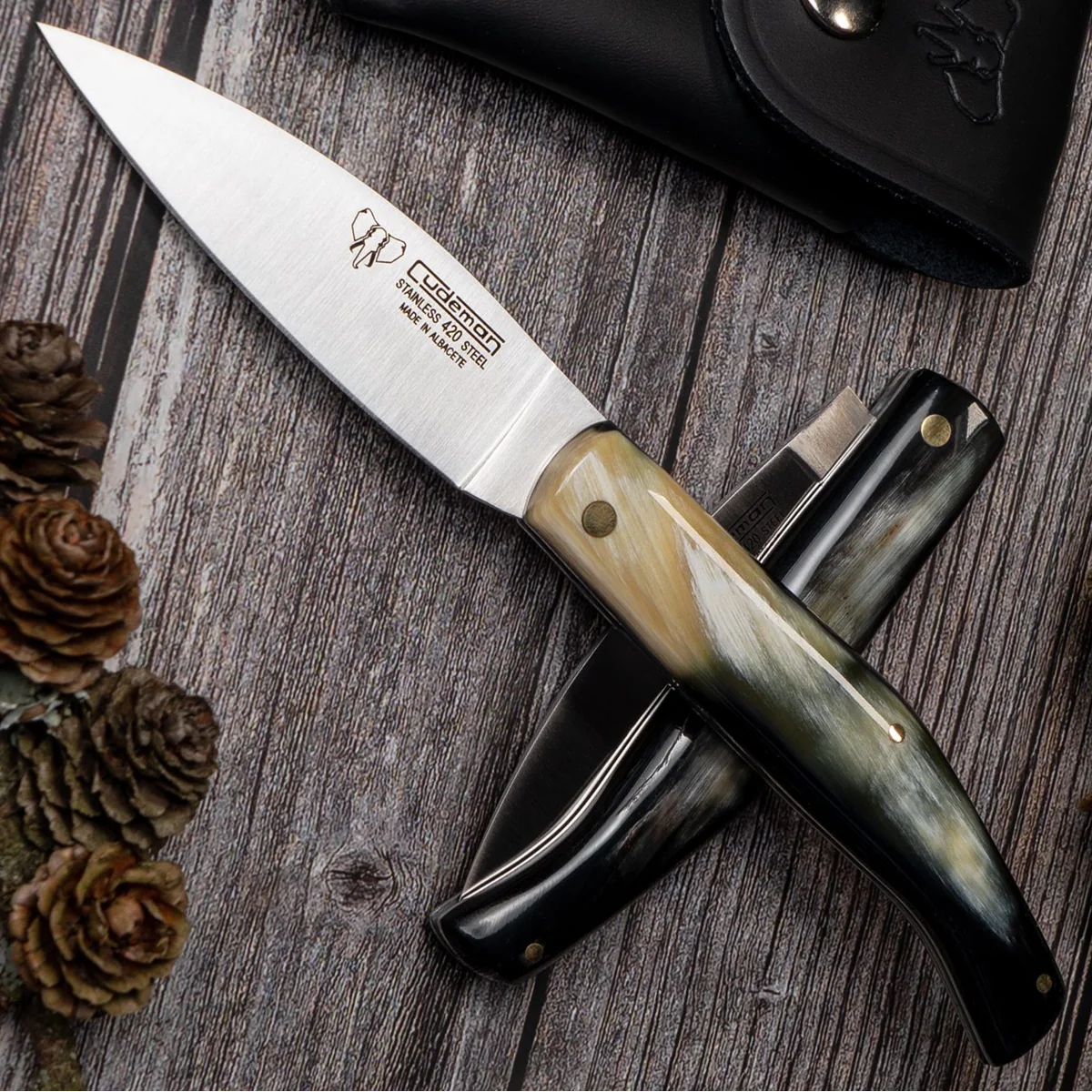 Cudeman Drop Point Pocket Knife with Sheath - Bull Horn - Image 2