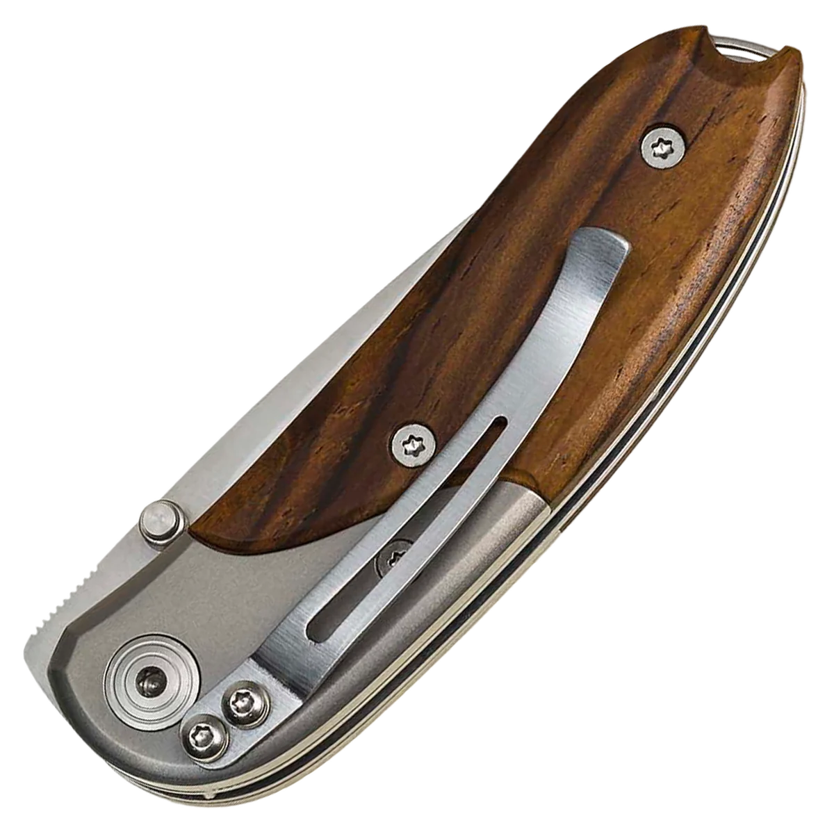 lionSTEEL MINI Santos wood handle and titanium Bolster, D2 blade, with clip - Image 2