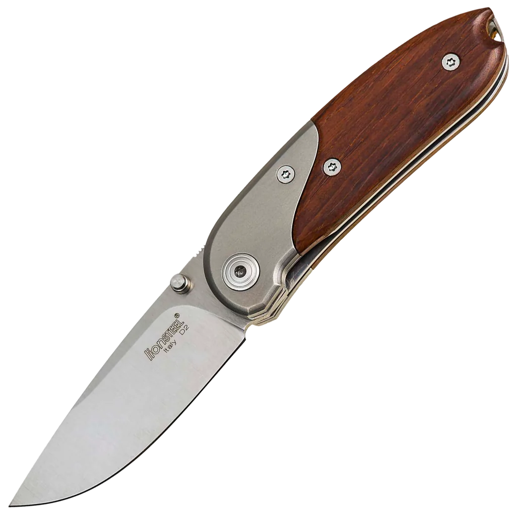 lionSTEEL MINI Santos wood handle and titanium Bolster, D2 blade, with clip