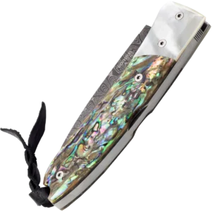 Alternative view of lionSTEEL Opera Damascus Heinsgringla Mother of Pearl Handle, wood box
