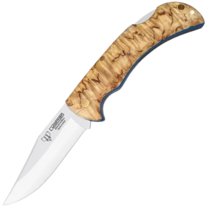 Cudeman 3.74" Clip Point Curly Birch Folder with Leather Pouch