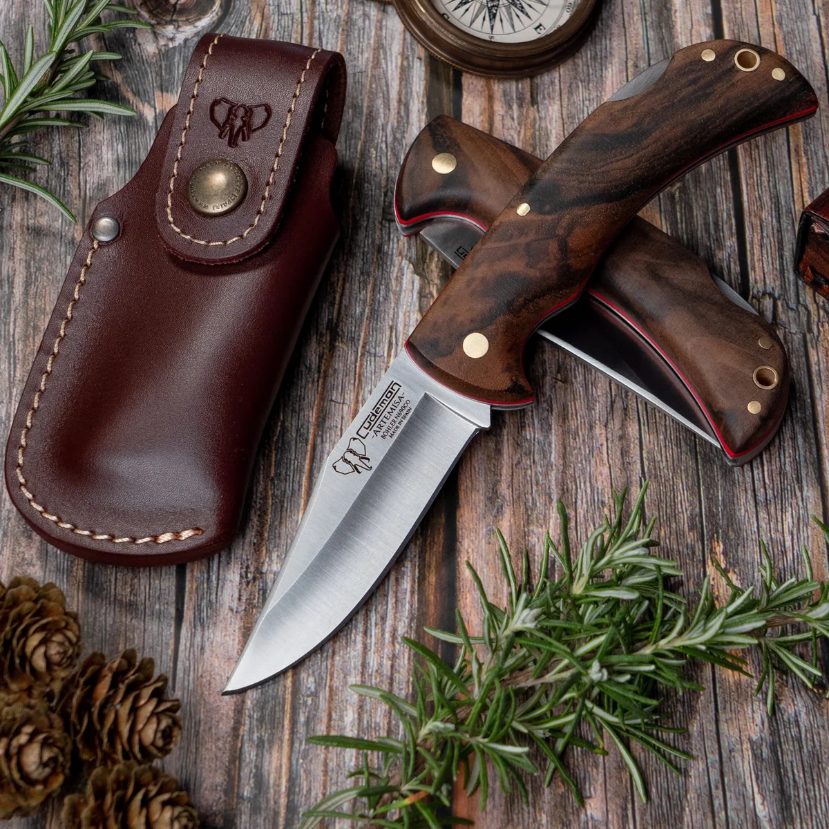 Cudeman 3.74" Walnut Folding Knife with Leather Pouch - Image 2