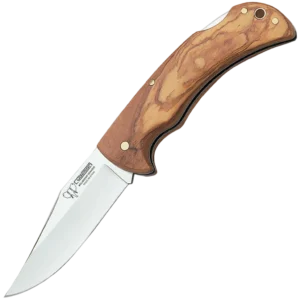 Cudeman 3.74" Clip Point Olive Wood Folding Knife with Leather Pouch