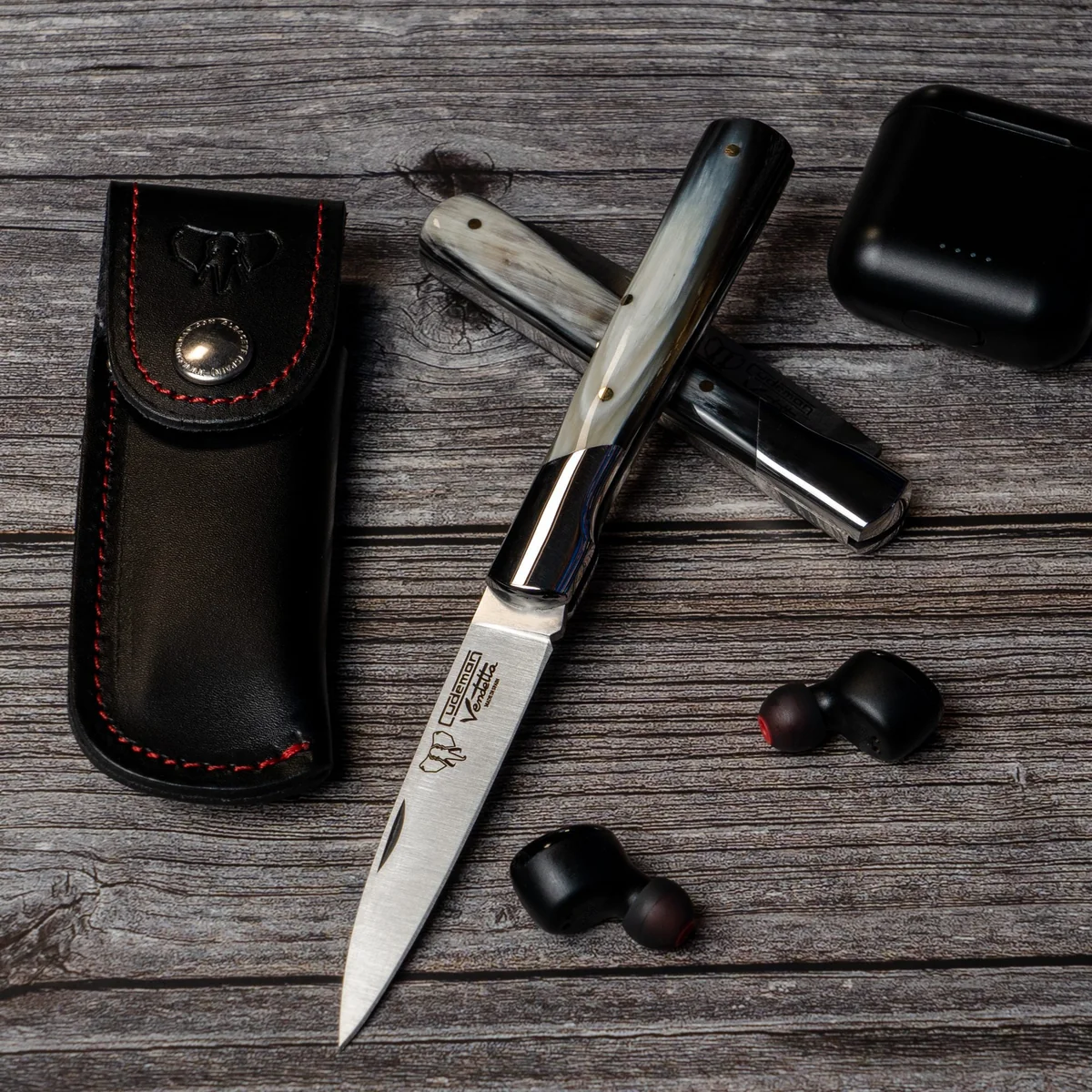 Cudeman 3.5" Bull Horn Pocket Knife with Sheath - Image 3