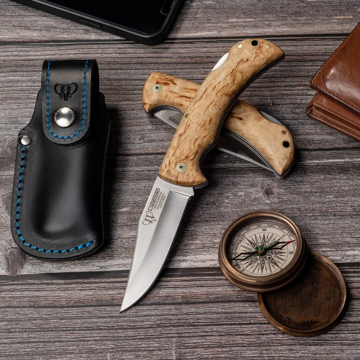 Cudeman 3.74" Clip Point Curly Birch Folder with Leather Pouch - Image 2