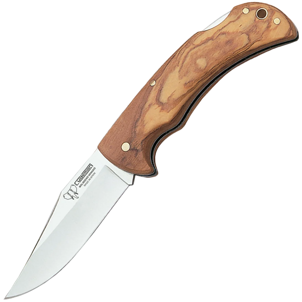 Cudeman 3.74" Clip Point Olive Wood Folding Knife with Leather Pouch