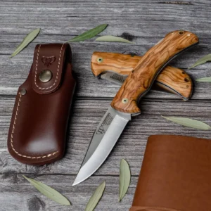 Cudeman 3.74" Clip Point Olive Wood Folding Knife with Leather Pouch - Image 3