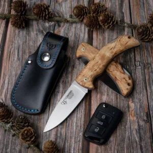 Cudeman Curly Birch Back Lock Folder with Leather Pouch - Image 3