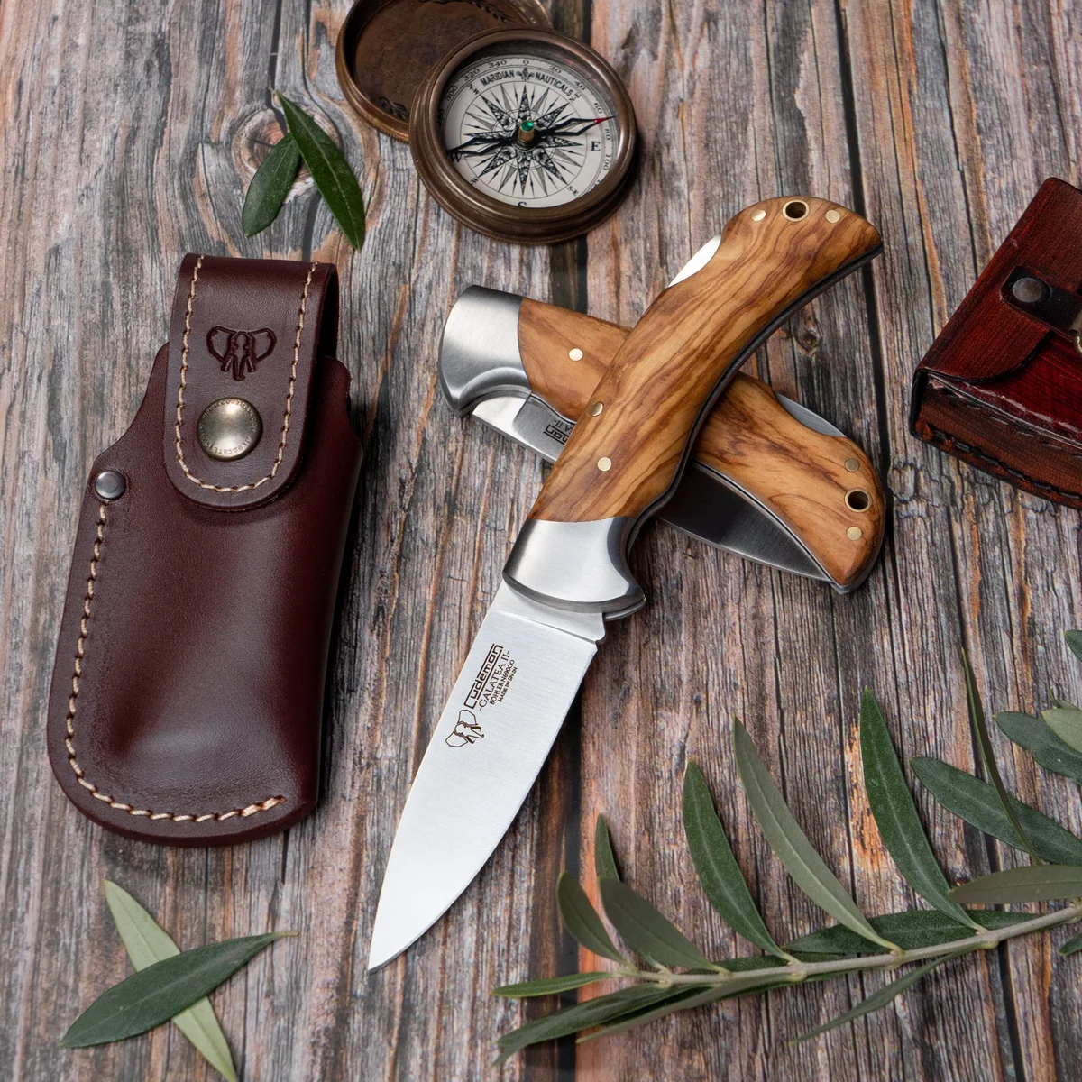 Cudeman Olive Wood Pocket Knife Leather Pouch - Image 3