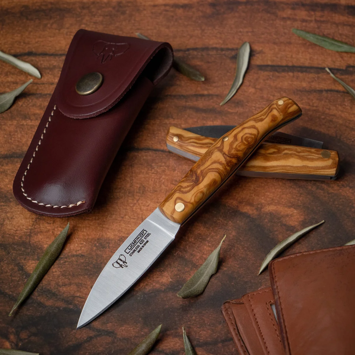Cudeman Small Olive Wood Outdoor Pocket Knife w/Sheath - Image 3