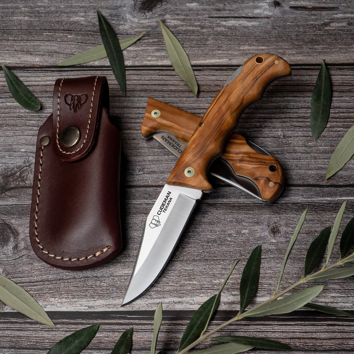 Cudeman Texana Olive Wood Pocket Knife with Sheath - Image 3